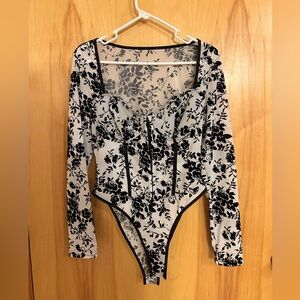 NOWT Sheer Black and White Floral Corset Bodysuit Top